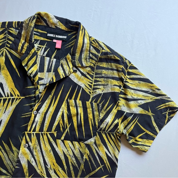 DOUBLE RAINBOUU black yellow leaf tree tropical print button up shirt - Picture 2 of 5
